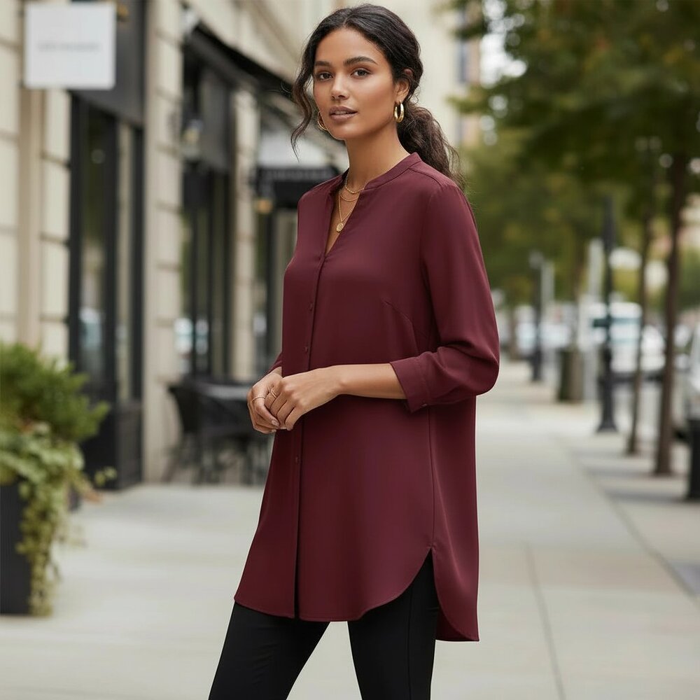 Chicos 1 M Tunic Top Burgundy 3/4 Sleeve V Neck Boho Chic‎ Minimalist Witchy Mod